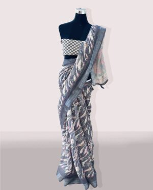Brijwasin Gray Bayoux Linen Cotton Saree